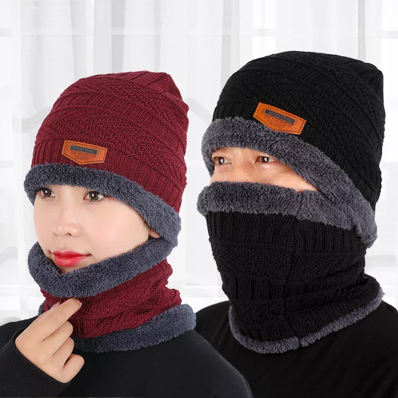 2021 Winter Men Women Beanie Hat Knitted Hat Winter Cap Beanie Female Thick Wool Neck Scarf Cap Balaclava Mask Bonnet Hats Set